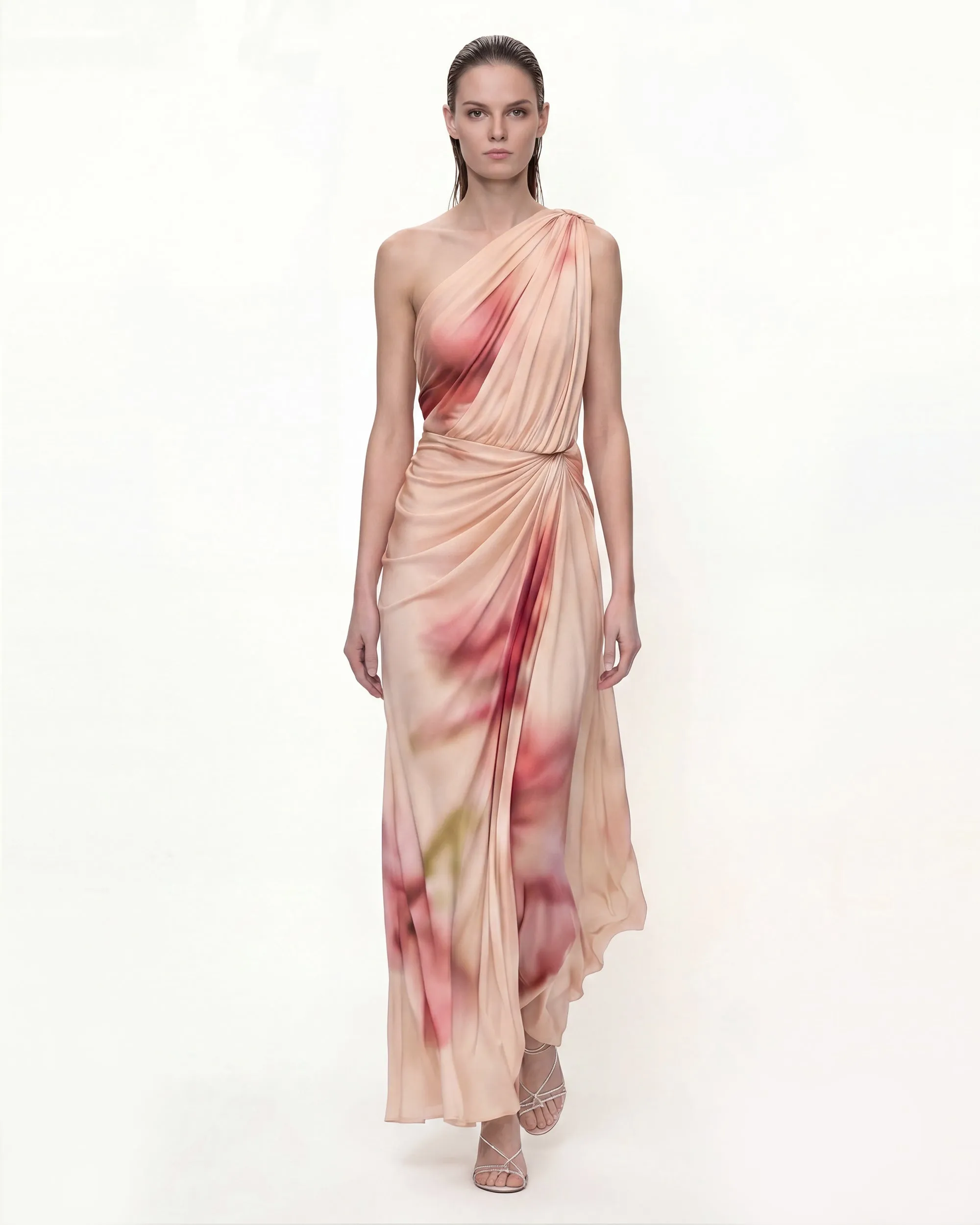 Floral Print Asymmetric Draped Maxi Dress - Blush sold by JW PEI