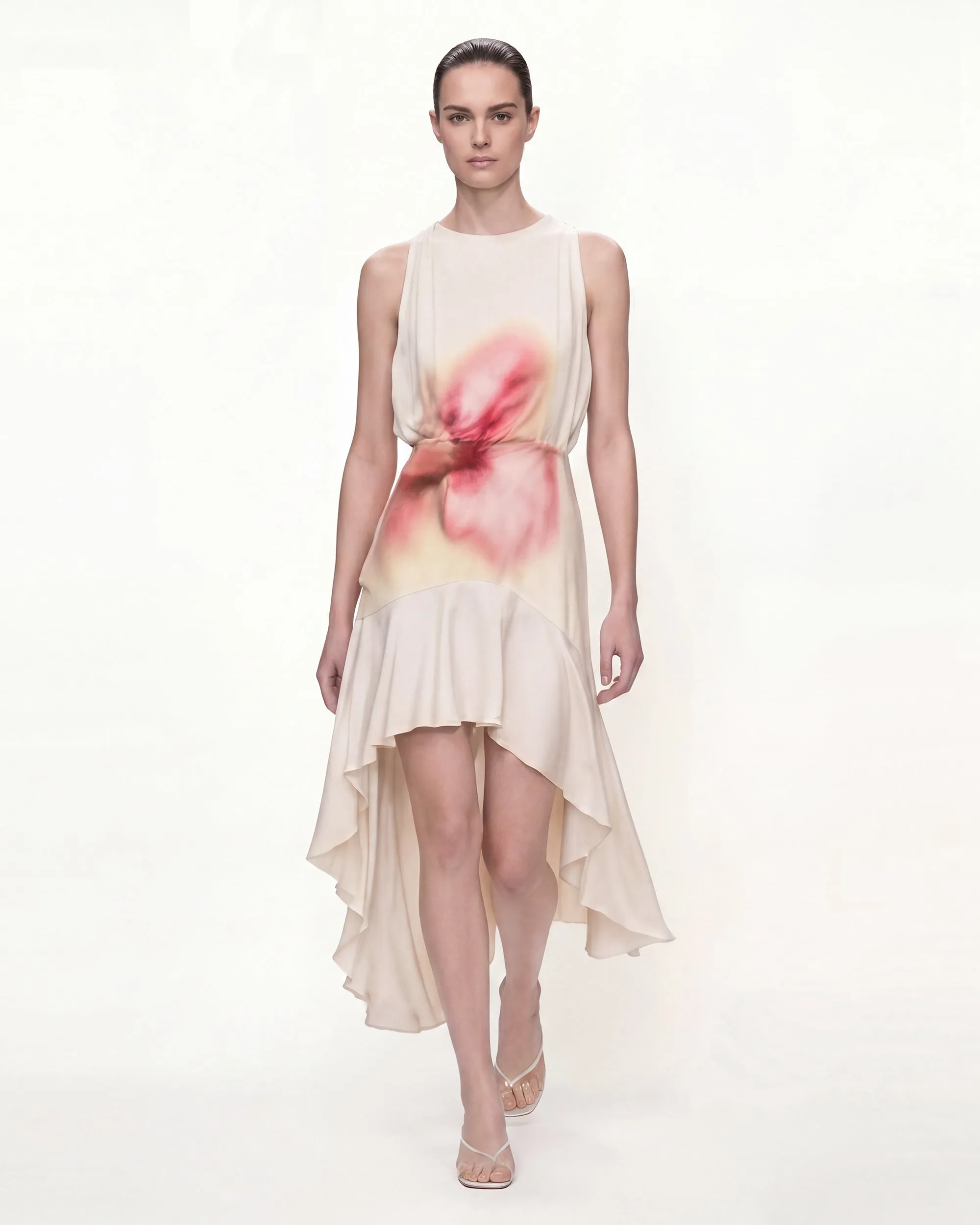 Floral Print Sleeveless High-Low Dress - Ivory sold by JW PEI