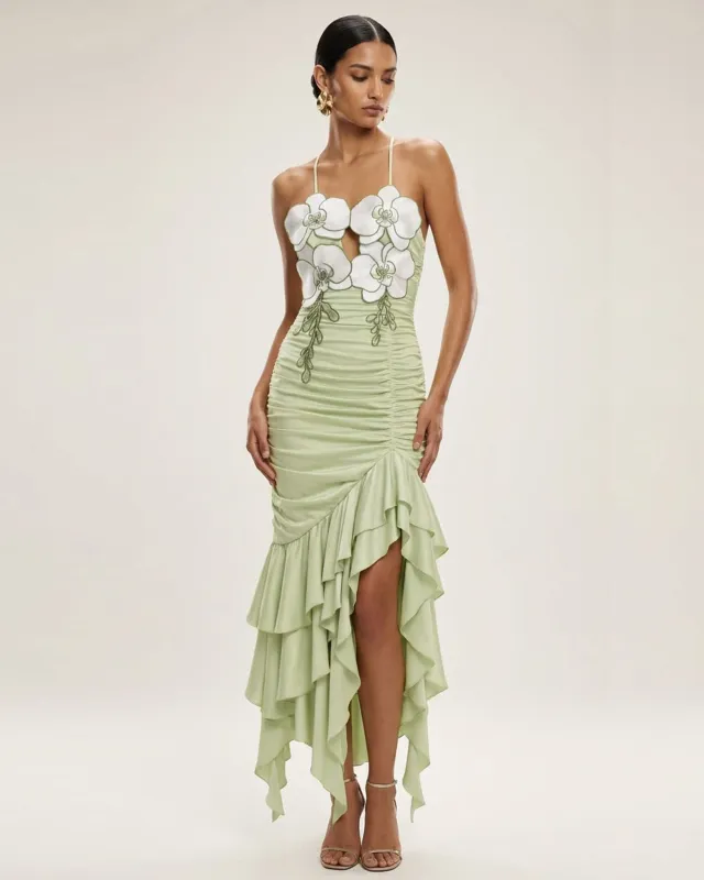 Orchid Embellished Ruched Ruffle Dress - Light Green made by JW PEI