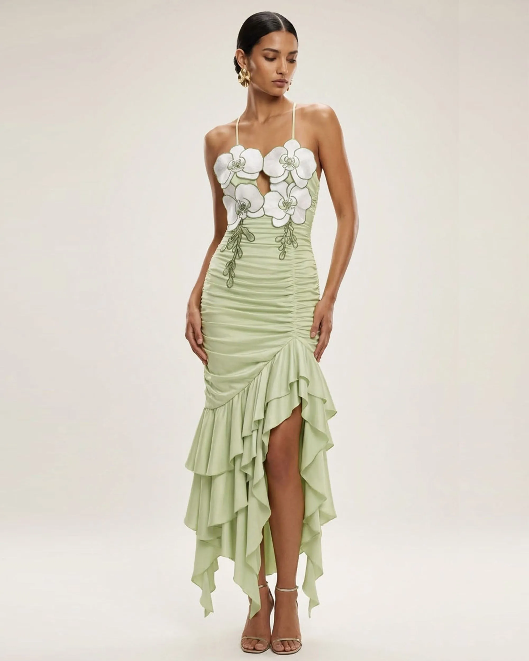 Orchid Embellished Ruched Ruffle Dress - Light Green sold by JW PEI