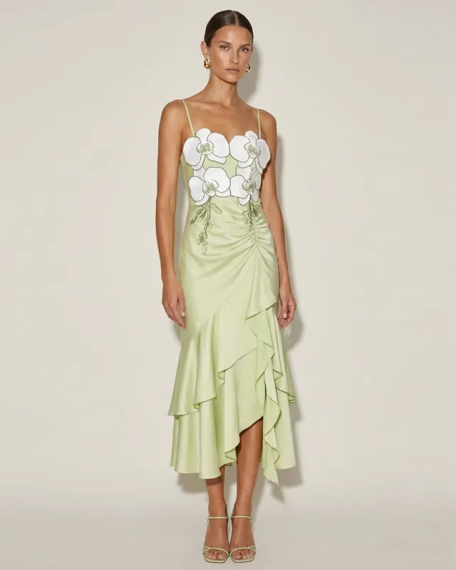 Orchid Embellished Cascade Ruffle Dress - Light Green made by JW PEI