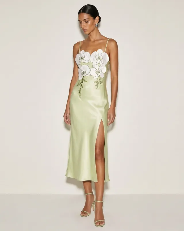 Orchid Embellished Slit Slip Dress - Light Green made by JW PEI