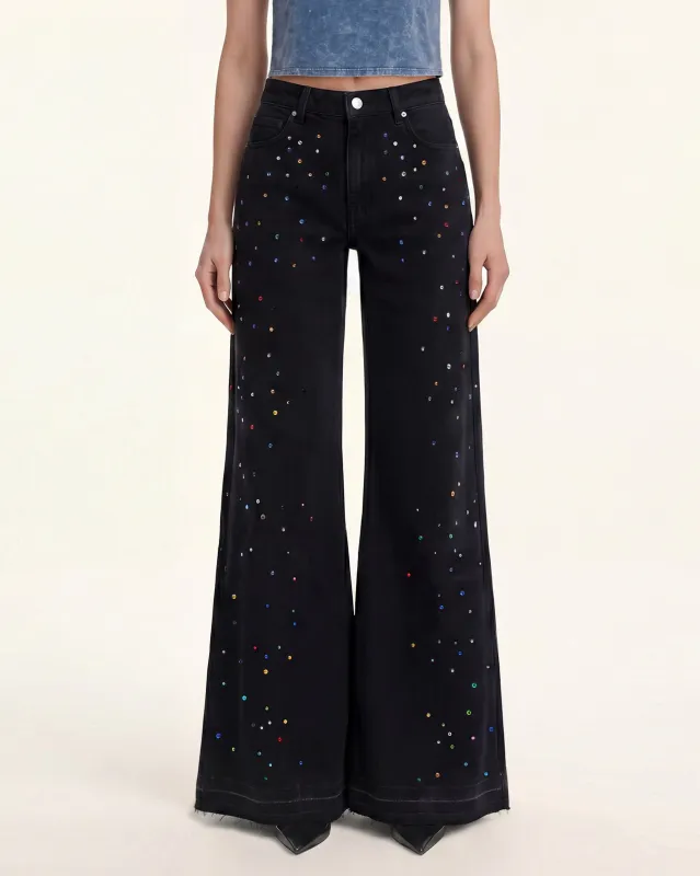 The Troublemaker Multi-Color Rhinestone Split Fray Jeans - Midnight Confessions made by JW PEI