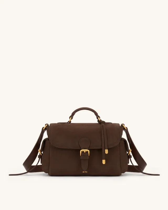Marina Faux Suede Flap Multi-Pocket Top Handle Crossbody Bag - Dark Brown made by JW PEI