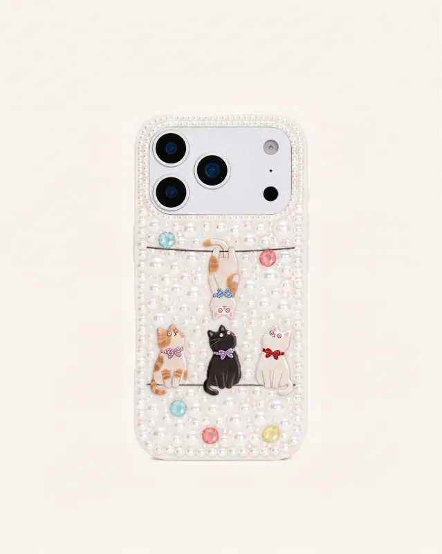 Pearl-Embellished Playful Cats Phone Case – White made by JW PEI