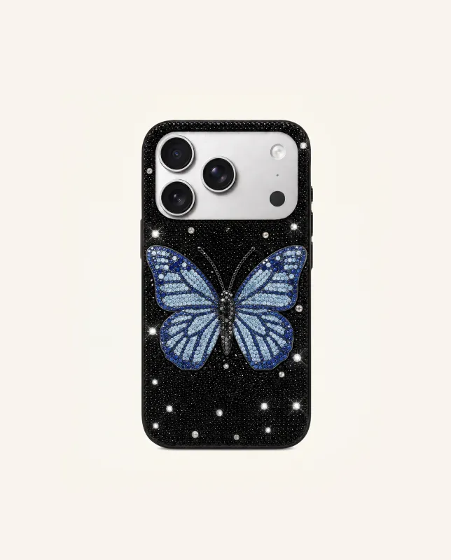 Blue Butterfly Artificial Crystal Phone Case – Black made by JW PEI