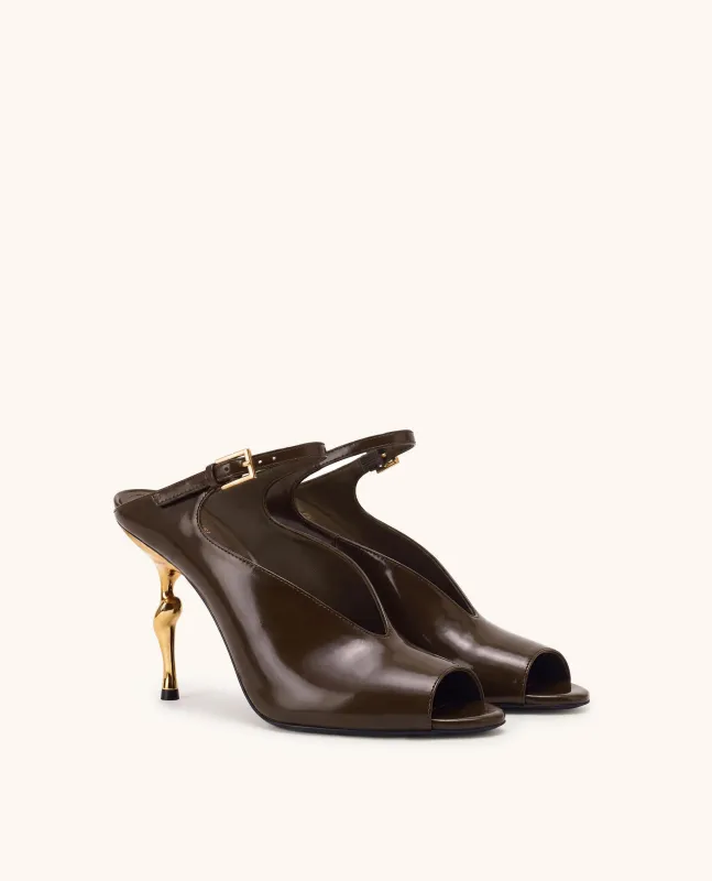 Alivia Gold Metal Peep-Toe Heels - Dark Brown made by JW PEI