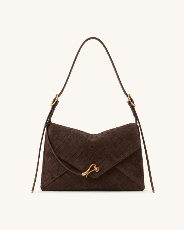Celeste Faux Suede Woven Shoulder Bag - Dark Brown made by JW PEI