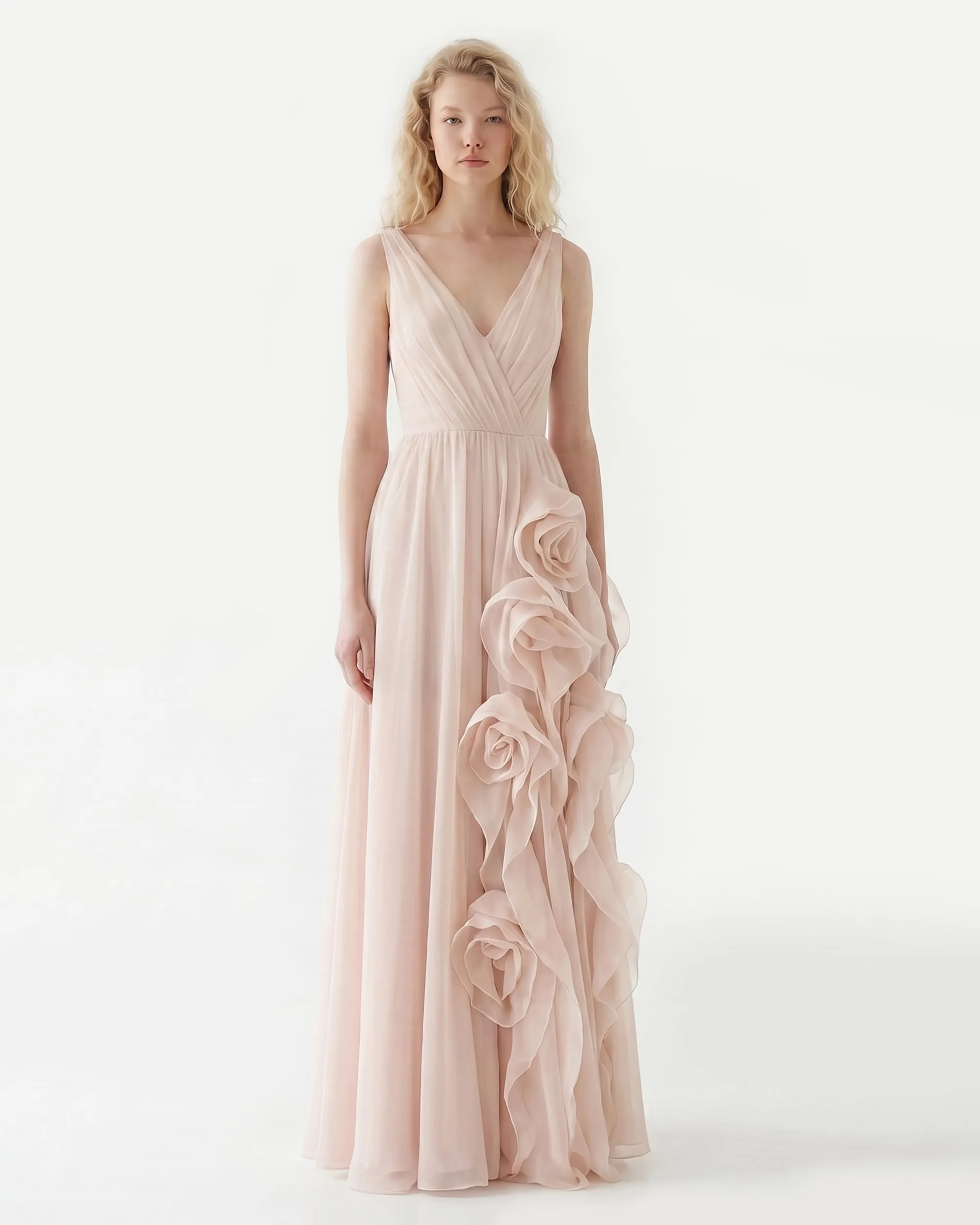 V-Neck Rosette Flowy Maxi Dress - Blush sold by JW PEI