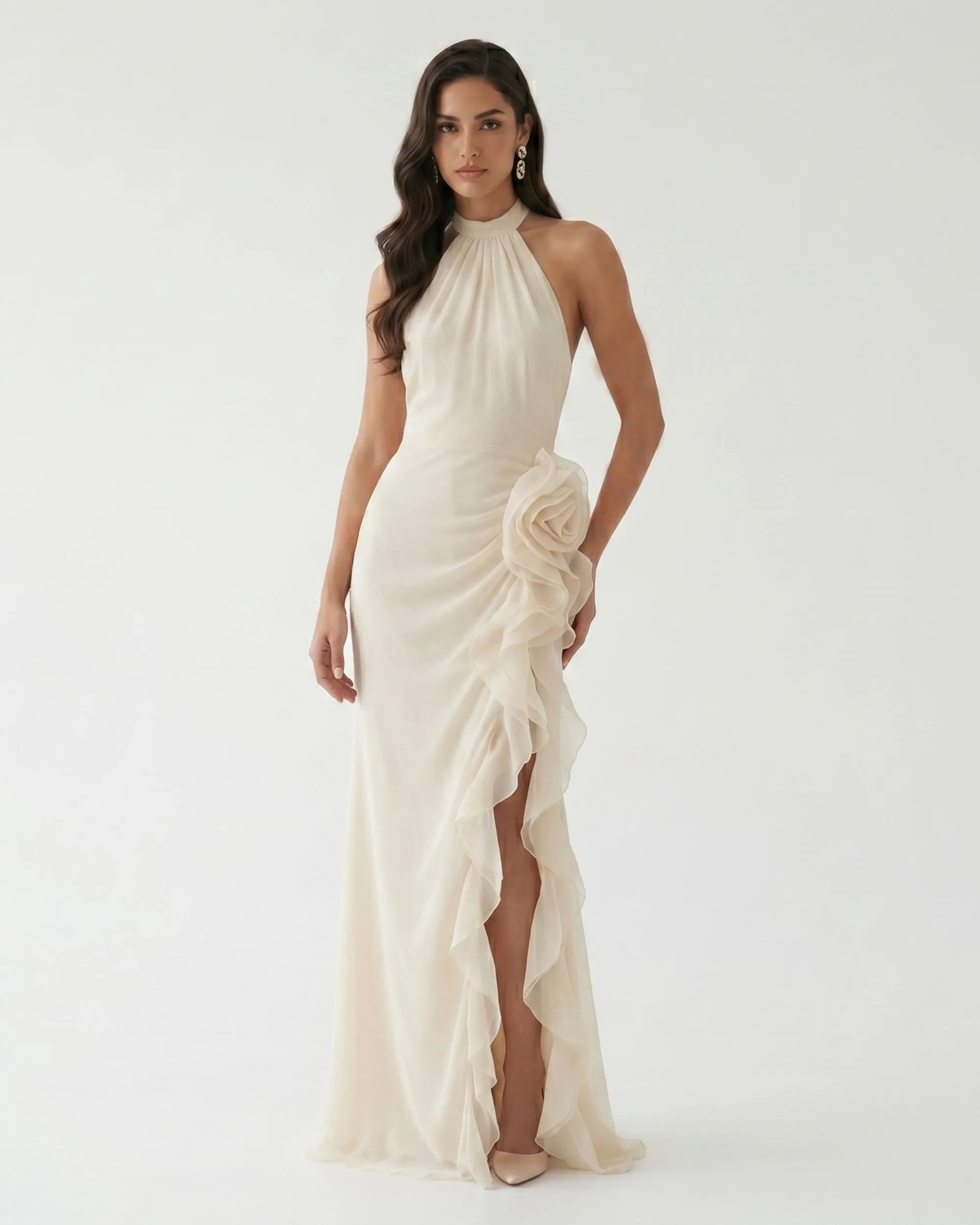 Halter Ruffle Rosette Slit Maxi Dress - Ivory sold by JW PEI