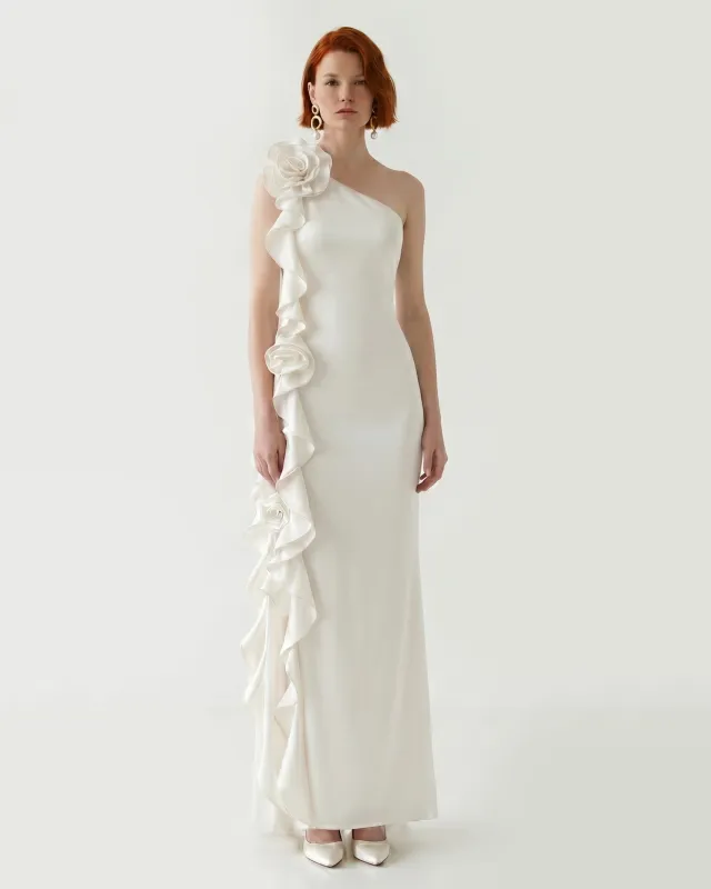 One-Shoulder Ruffle Rosette Maxi Dress - Ivory made by JW PEI
