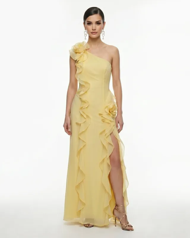 One-Shoulder Ruffle Rosette Slit Maxi Dress - Yellow made by JW PEI