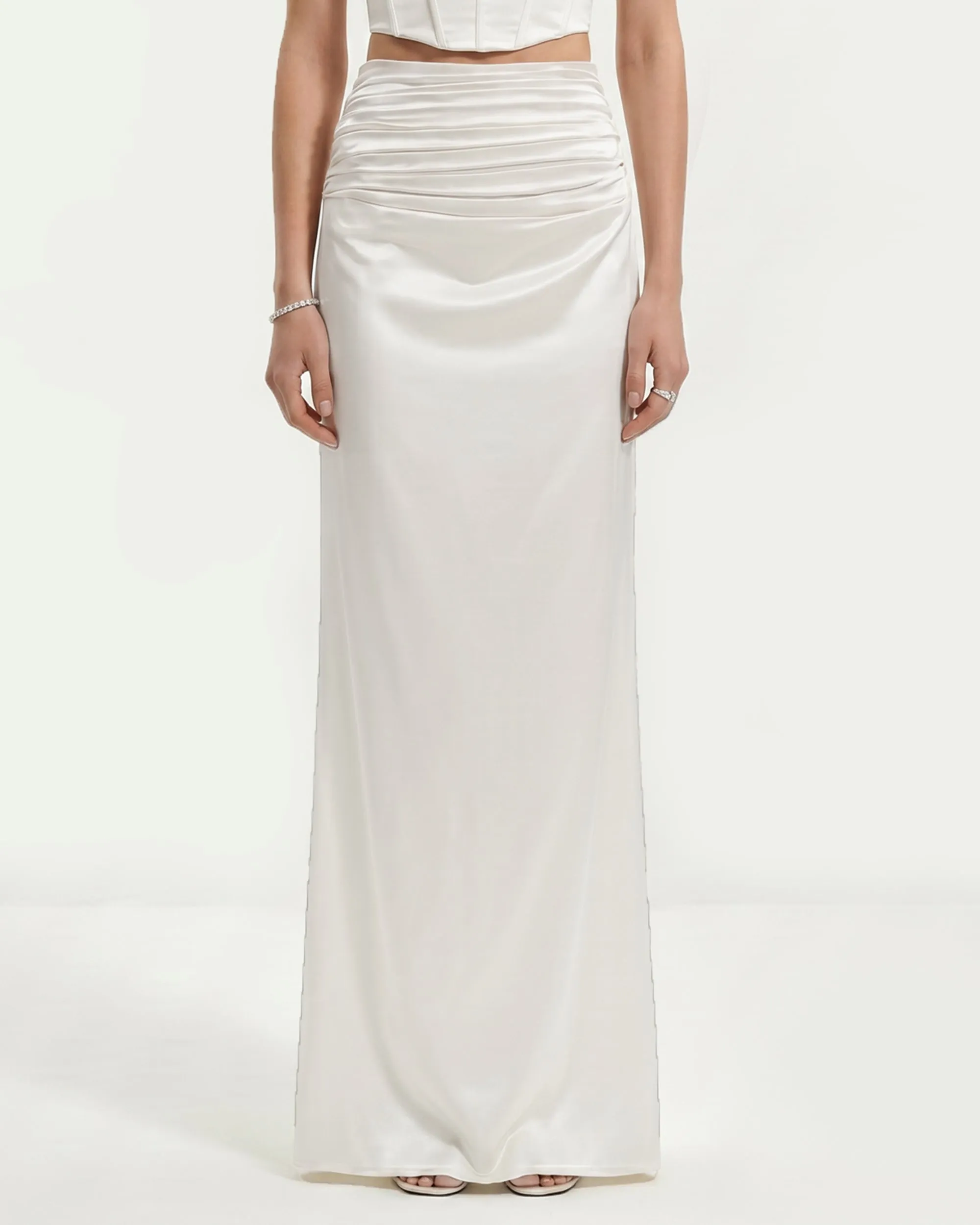Satin High-Waist Ruched Maxi Skirt - White sold by JW PEI product image thumbnail 2