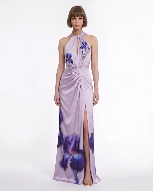 Floral Print Halter Draped Maxi Dress - Lavender made by JW PEI