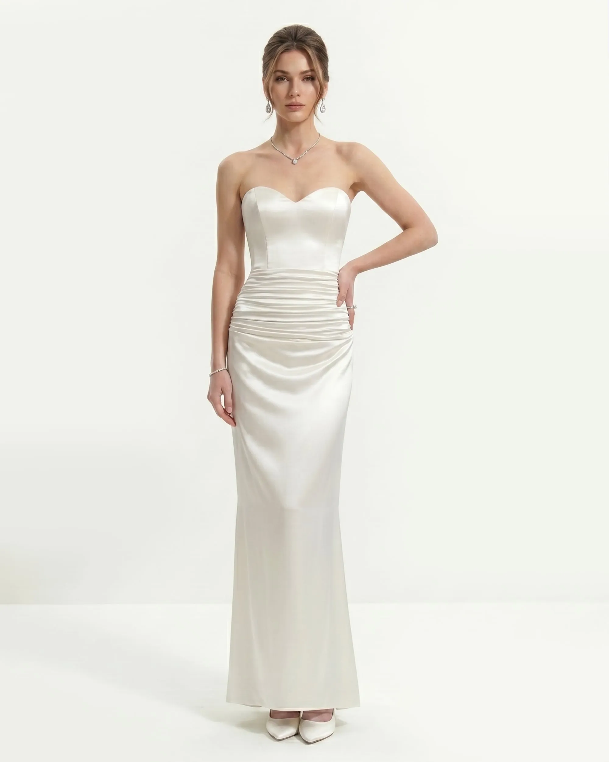 Satin Strapless Ruched Maxi Gown - White sold by JW PEI