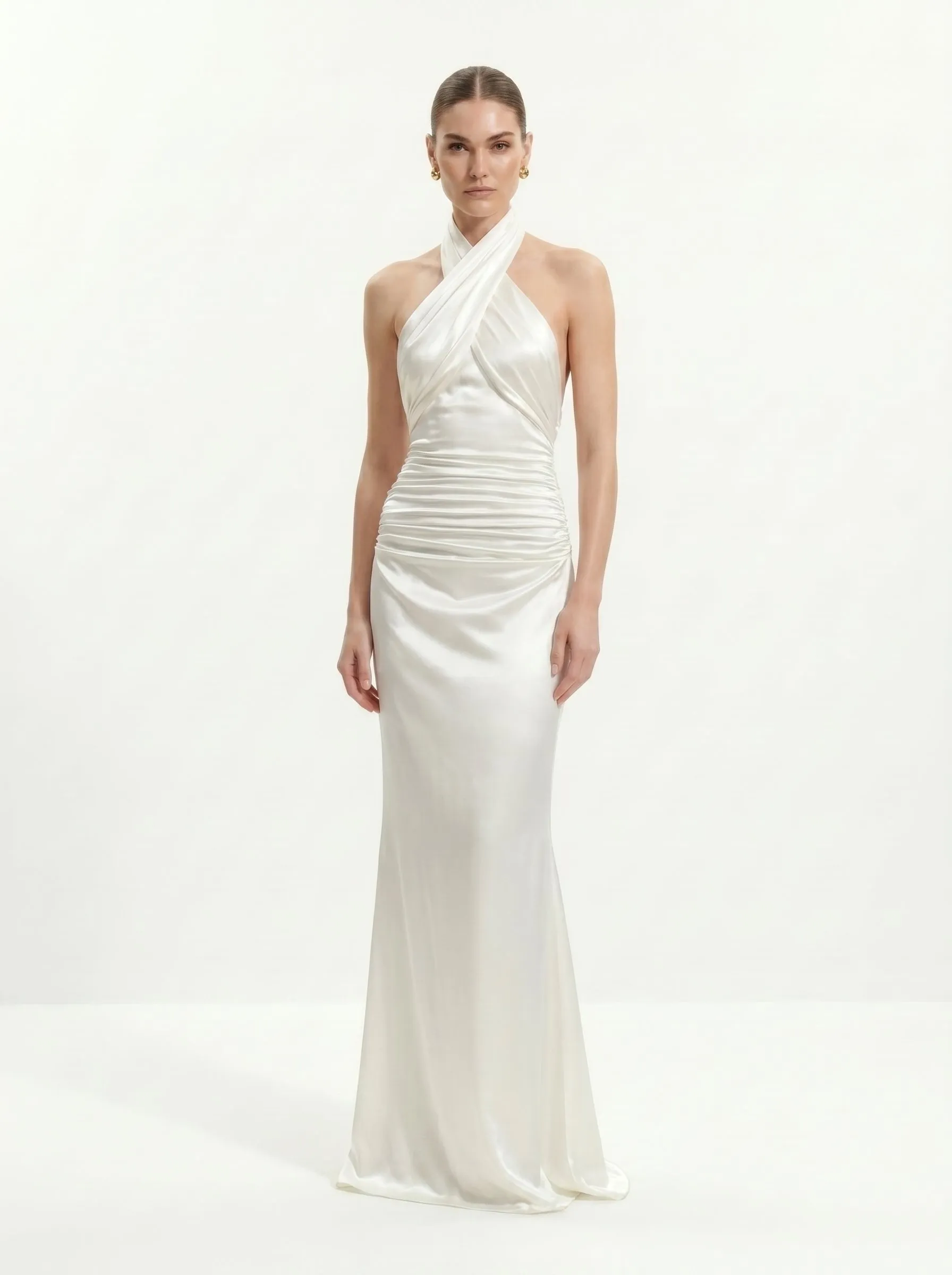 Satin Cross Halter Ruched Maxi Gown - White sold by JW PEI