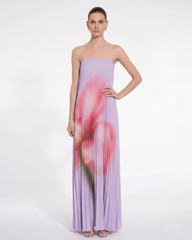 Floral Print Strapless Pleated Maxi Dress - Lavender made by JW PEI