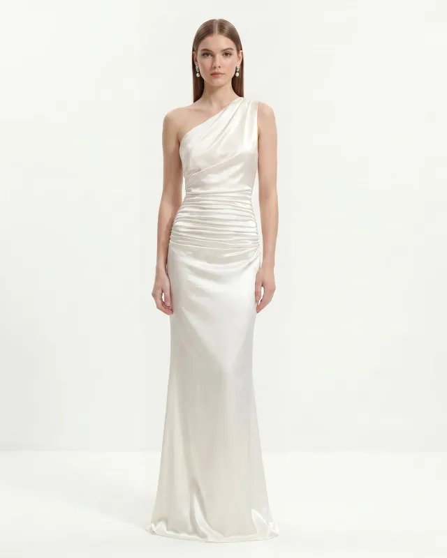 Satin 
One-Shoulder
 Ruched Maxi Gown - White made by JW PEI
