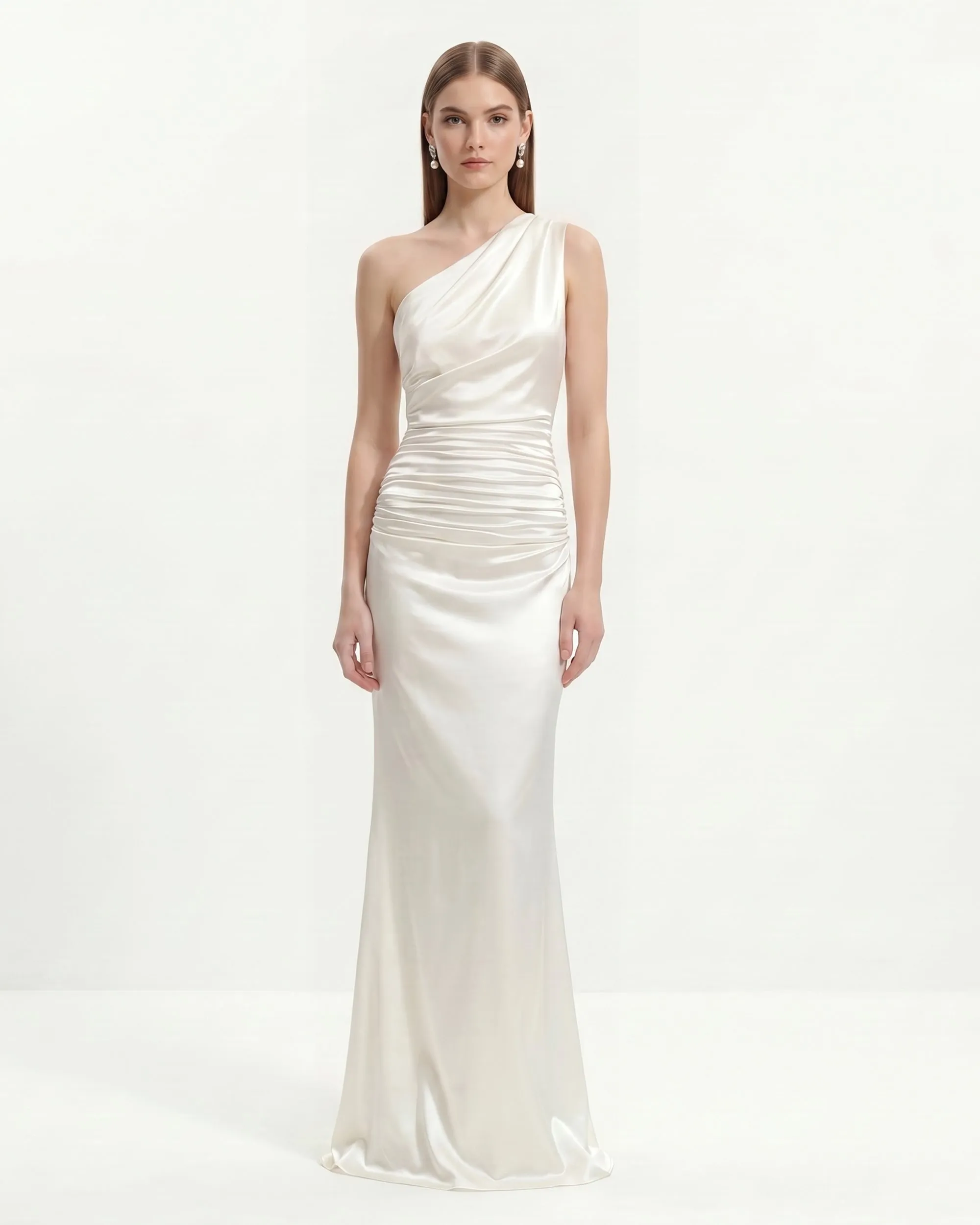 Satin
One-Shoulder
Ruched Maxi Gown - White sold by JW PEI