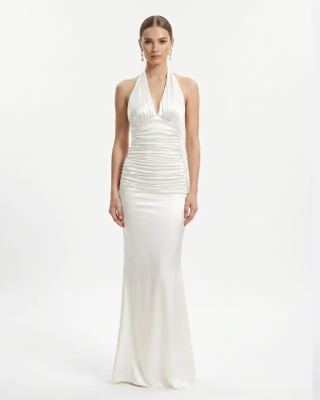 Satin Halter Ruched Maxi Gown - White made by JW PEI