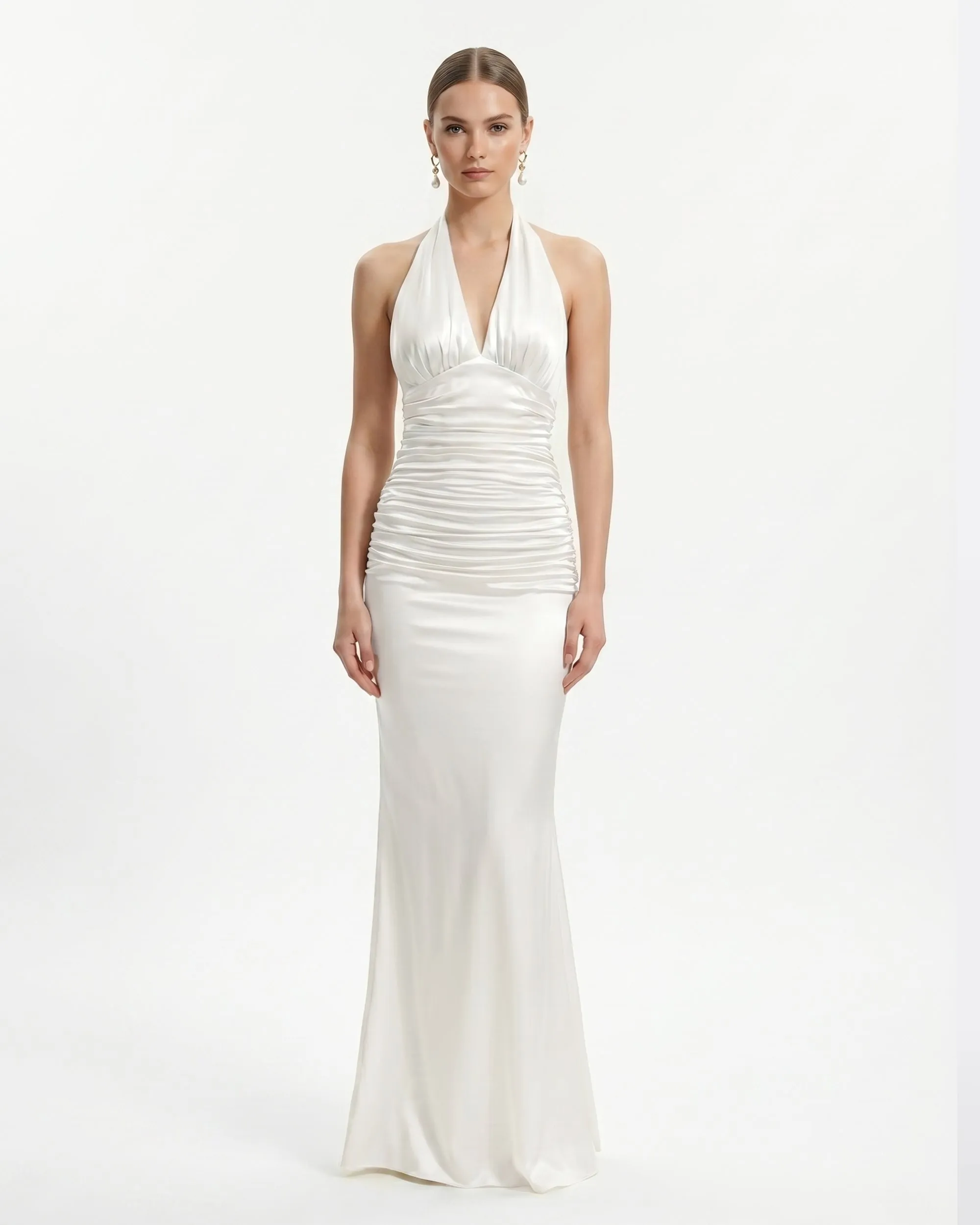 Satin Halter Ruched Maxi Gown - White sold by JW PEI