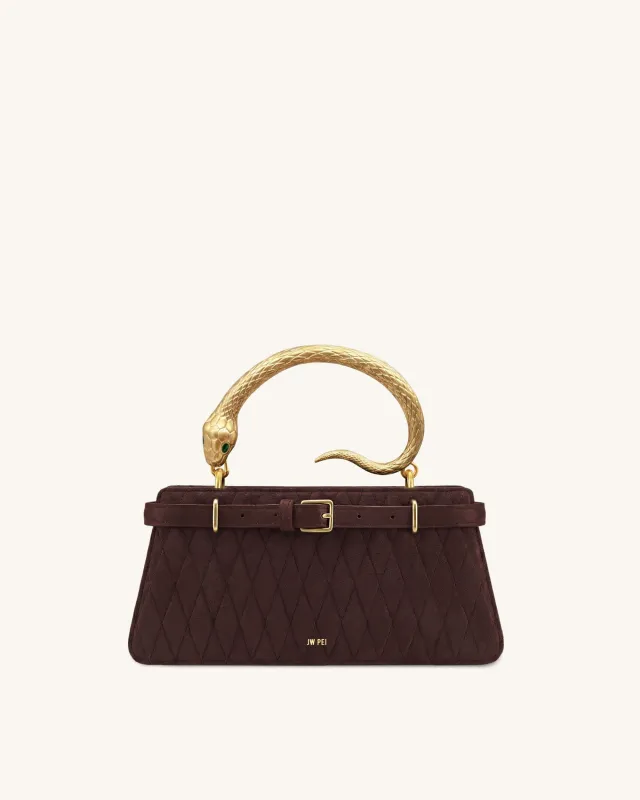 Elena Snake Handle Faux-Suede Quilted Top Handle Bag - Brown made by JW PEI