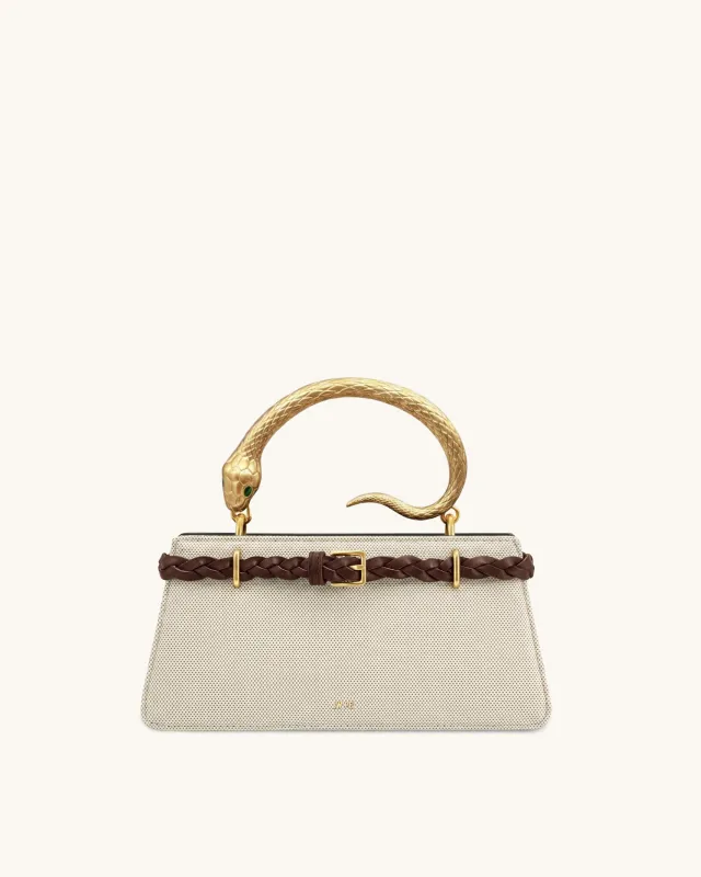 Elena Snake Handle Braided-Belt Top Handle Bag - Brown Canvas made by JW PEI
