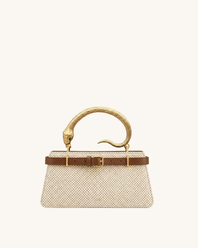 Elena Snake Handle Cotton-Linen Top Handle Bag - Natural Brown made by JW PEI