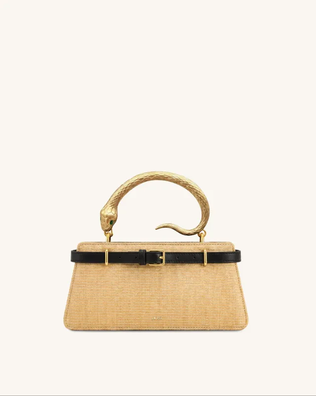 Elena Snake Handle Faux-Straw Top Handle Bag - Natural Black made by JW PEI