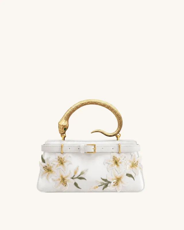 Elena Snake Handle Lily Embroidered Top Handle Bag - White made by JW PEI