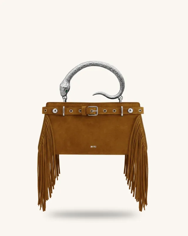 Elena Snake Handle Faux-Suede Fringe Top Handle Bag - Brown made by JW PEI