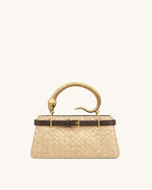 Elena Snake Handle Faux-Straw Top Handle Bag - Natural Brown made by JW PEI
