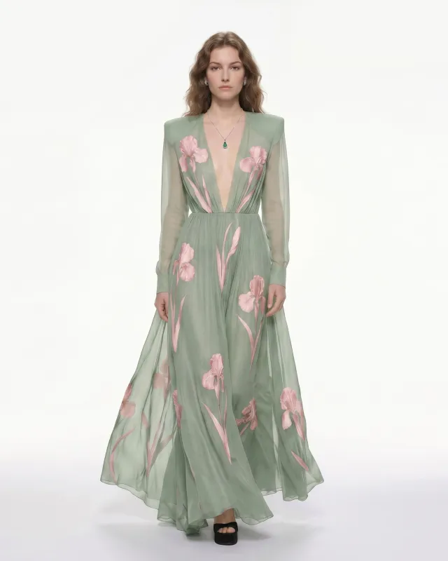 Iris Floral Print Long-Sleeve Sheer Gown - Sage green made by JW PEI