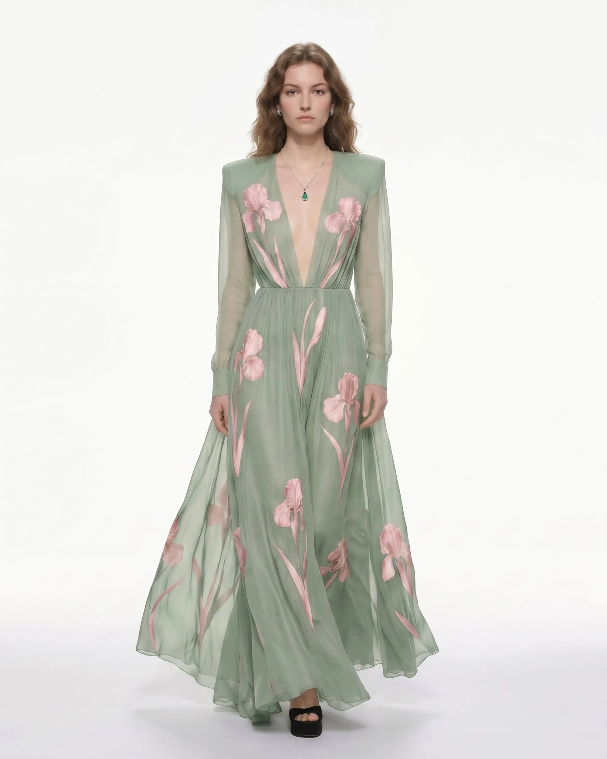 Iris Floral Print Long-Sleeve Sheer Gown - Sage green sold by JW PEI
