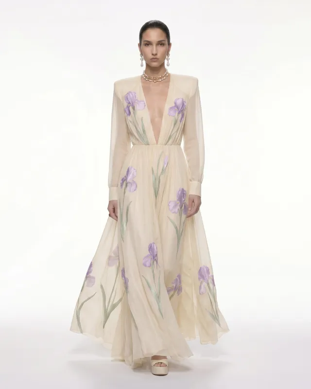 Iris Floral Print Long-Sleeve Sheer Gown - Cream made by JW PEI