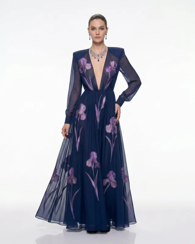 Iris Floral Print Long-Sleeve Sheer Gown - Navy Blue made by JW PEI