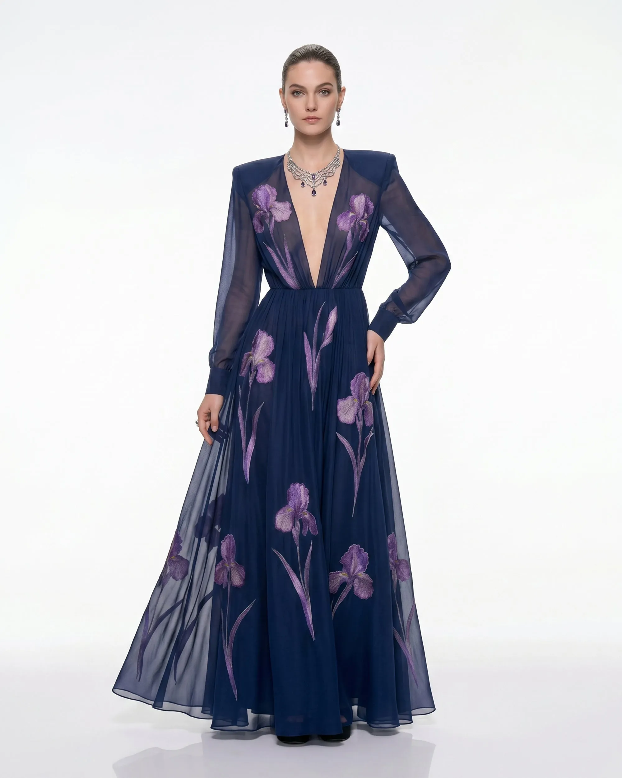 Iris Floral Print Long-Sleeve Sheer Gown - Navy Blue sold by JW PEI