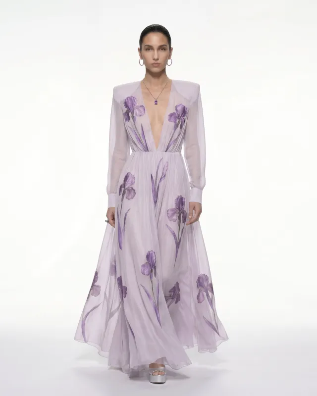 Iris Floral Print Long-Sleeve Sheer Gown - Lavender made by JW PEI