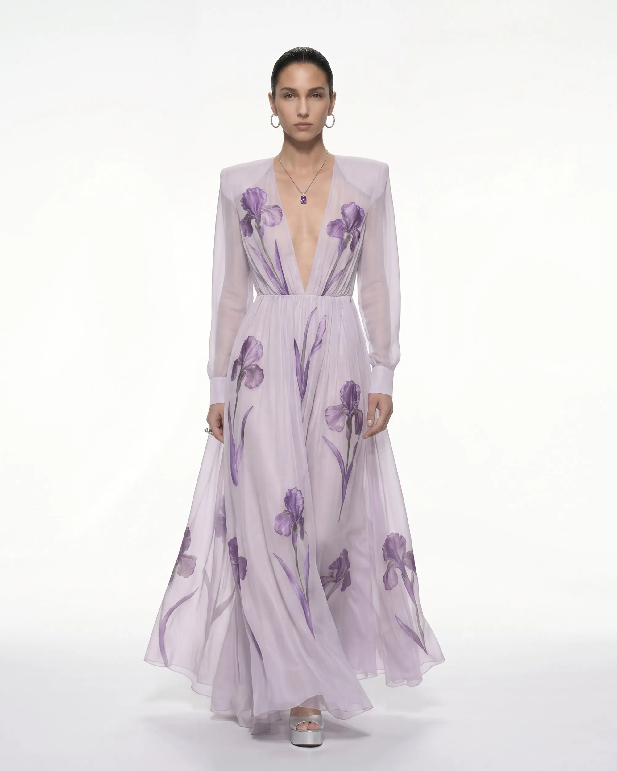 Iris Floral Print Long-Sleeve Sheer Gown - Lavender sold by JW PEI
