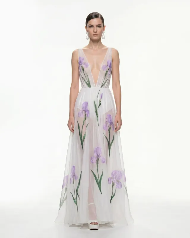 Sheer Floral Print Maxi Dress - White made by JW PEI