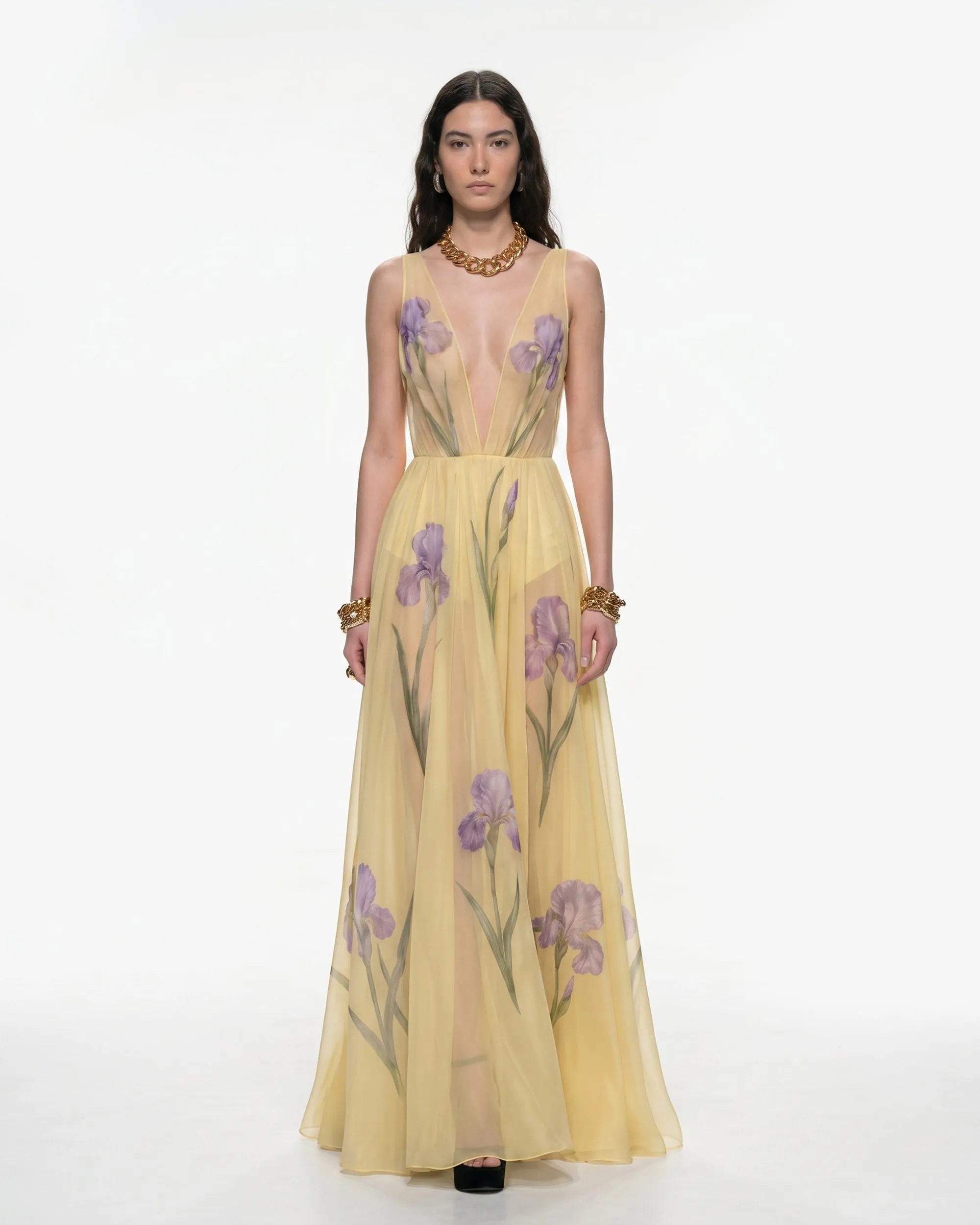 Sheer Floral Print Maxi Dress - Yellow sold by JW PEI