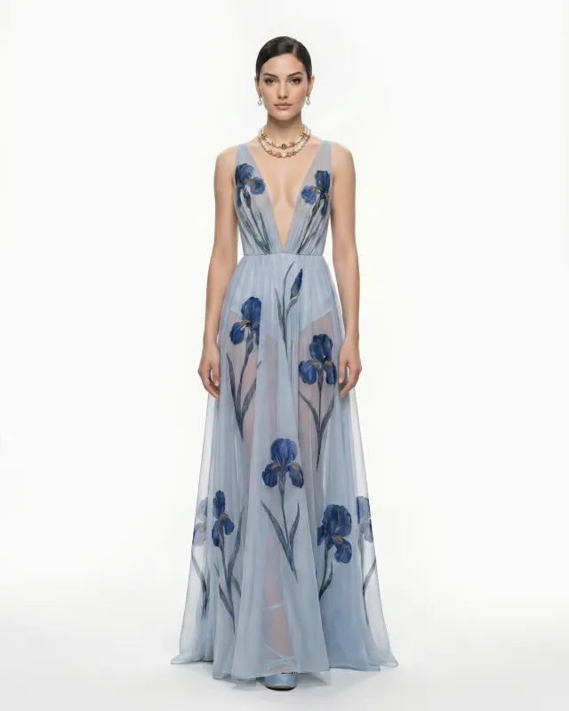 Sheer Floral Print Maxi Dress - Haze blue made by JW PEI