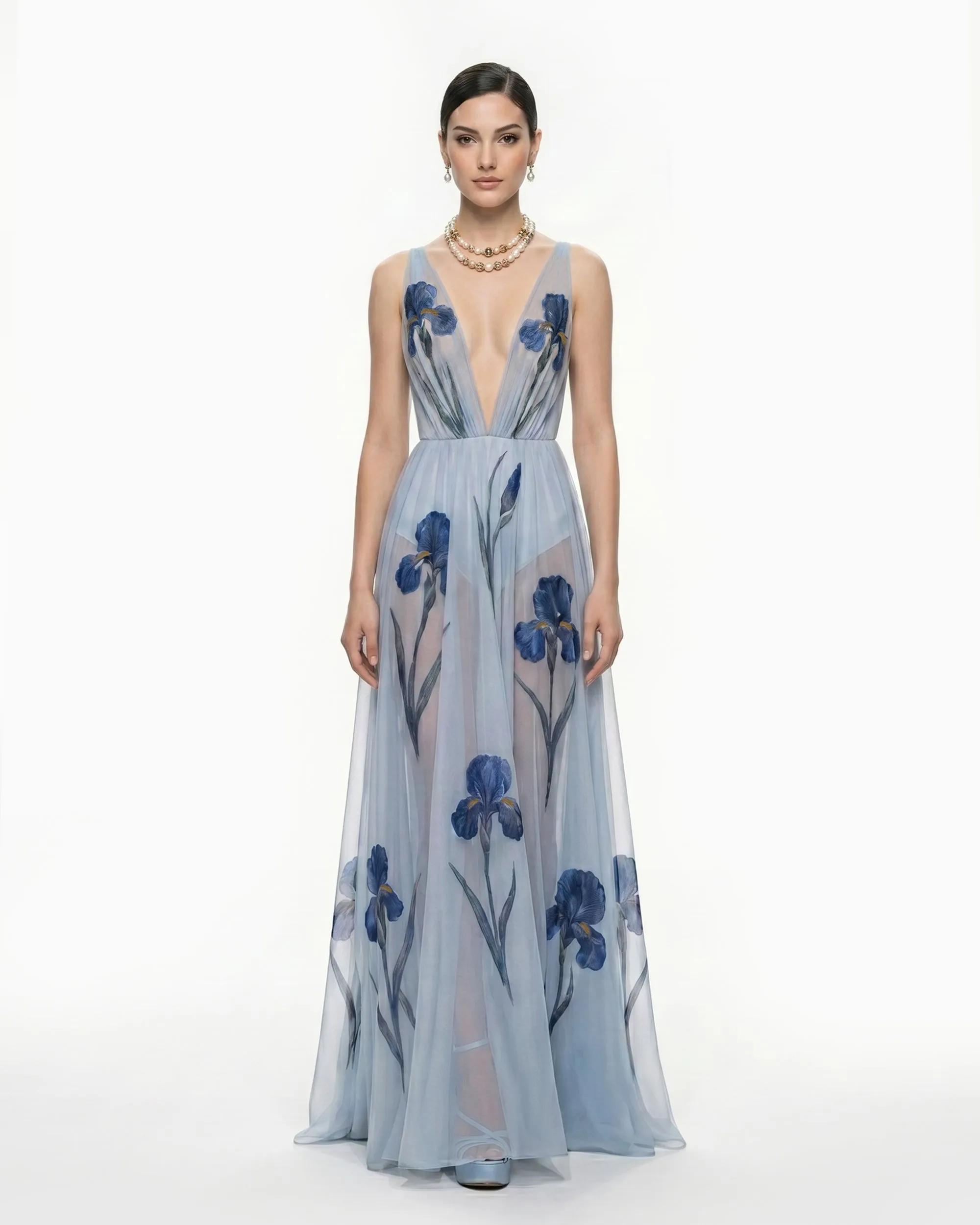 Sheer Floral Print Maxi Dress - Haze blue sold by JW PEI