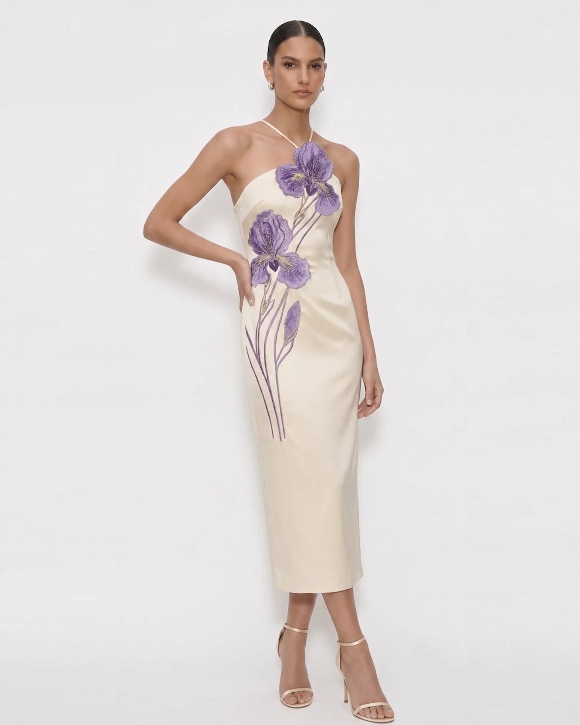 Iris Satin Embroidered Halter Midi Dress - Light Beige sold by JW PEI