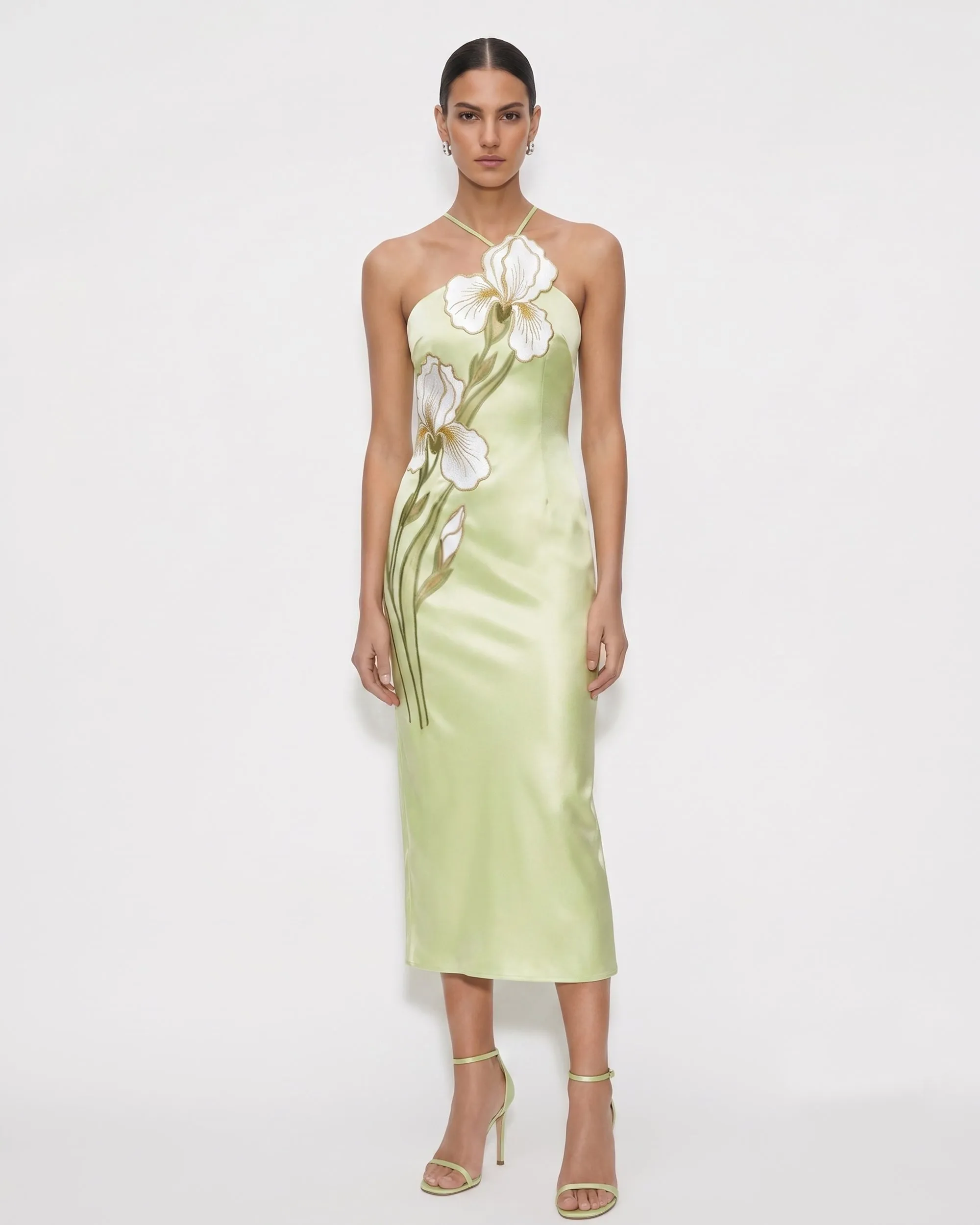 Iris Satin Embroidered Halter Midi Dress - Light Green sold by JW PEI