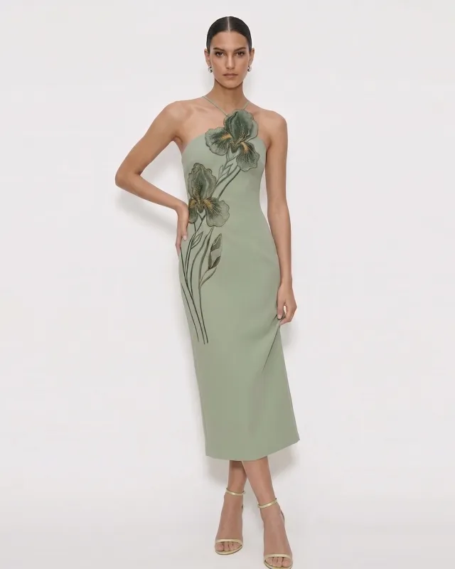 Iris Embroidered Halter Midi Dress - Light Green made by JW PEI