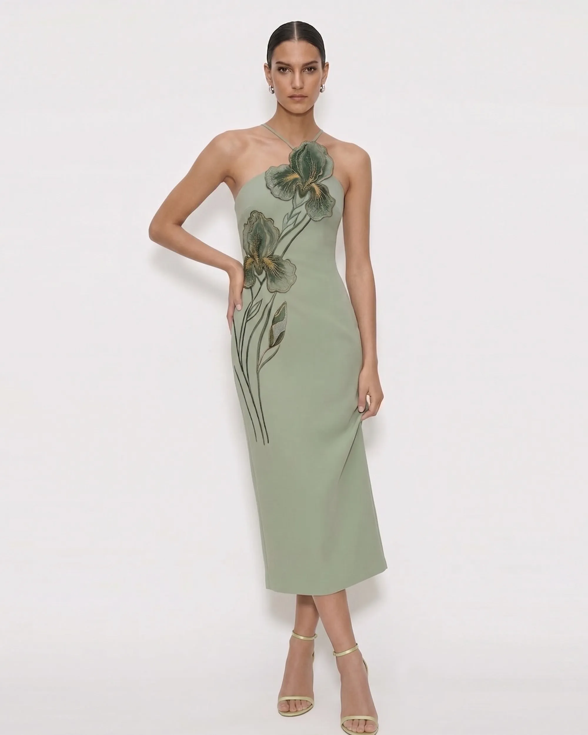 Iris Embroidered Halter Midi Dress - Light Green sold by JW PEI