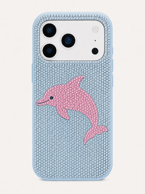Pink Dolphin Artificial Crystal Phone Case – Light Blue made by JW PEI