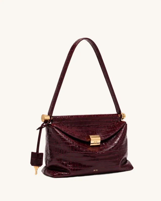 Naomi Flap Shoulder Bag - Burgundy Croc made by JW PEI