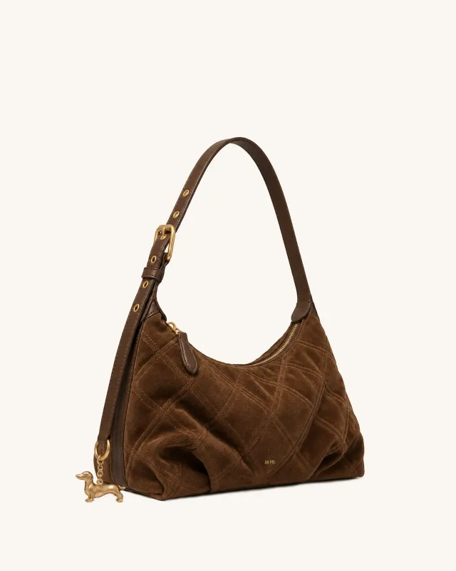 Riley Dachshund Charm Quilted Faux Suede Hobo Bag - Brown made by JW PEI